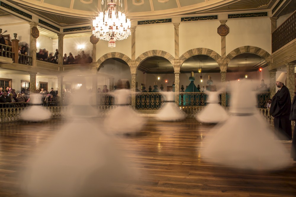 Interior of a Whirling Dervish venue in Istanbul with seating around the ceremony area